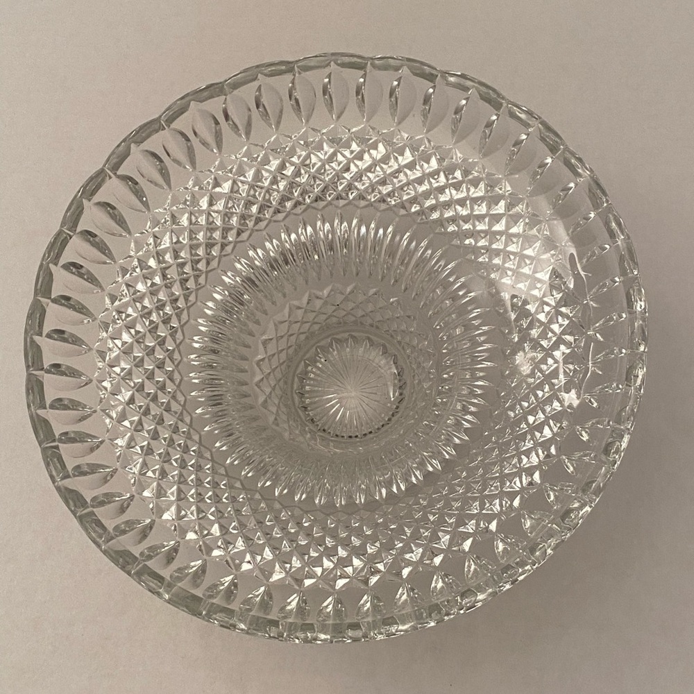 Crystal Pedestal Bowl Compote or Centerpiece Bowl Diamond Cut Pattern Scalloped